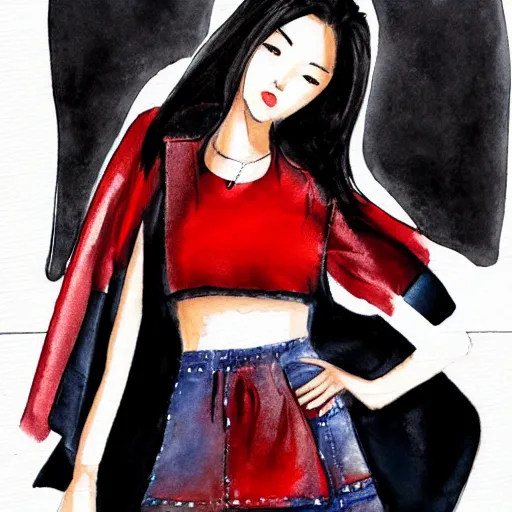 Image similar to a perfect, realistic professional digital sketch of a Japanese young woman posing, wearing leather jacket and skirt, in style of Marvel, full length, by pen and watercolor, by a professional American senior artist on ArtStation, a high-quality hollywood-style sketch, on high-quality paper