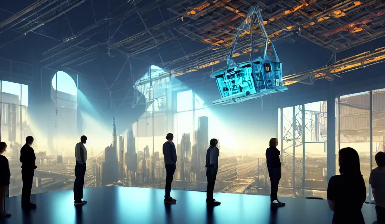 Prompt: group of people in simple warehouse, surrounding and looking at hologram of futuristic city on a table, cinematic concept art, godrays, golden hour, natural sunlight, 4 k, clear details, tabletop model buildings, center model buildings, hologram center, crane shot, crane shot, crane shot