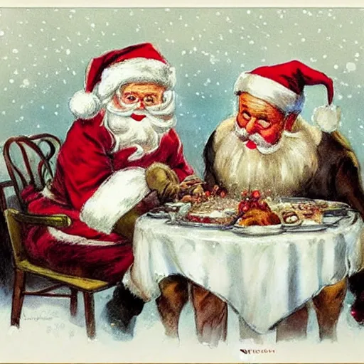 Image similar to (((((1950s cozy Christmas dinner with santa klaus . muted colors.))))) by Jean-Baptiste Monge !!!!!!!!!!!!!!!!!!!!!!!!!!!