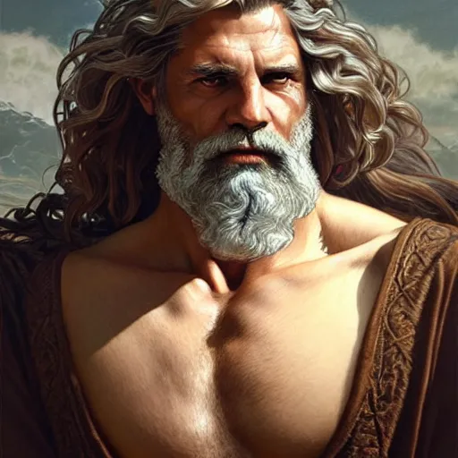 Image similar to portrait of rugged zeus, greek god, salt and pepper hair, soft hair, d & d, muscular, fantasy, intricate, elegant, highly detailed, digital painting, artstation, concept art, smooth, sharp focus, illustration, art by artgerm and greg rutkowski and alphonse mucha