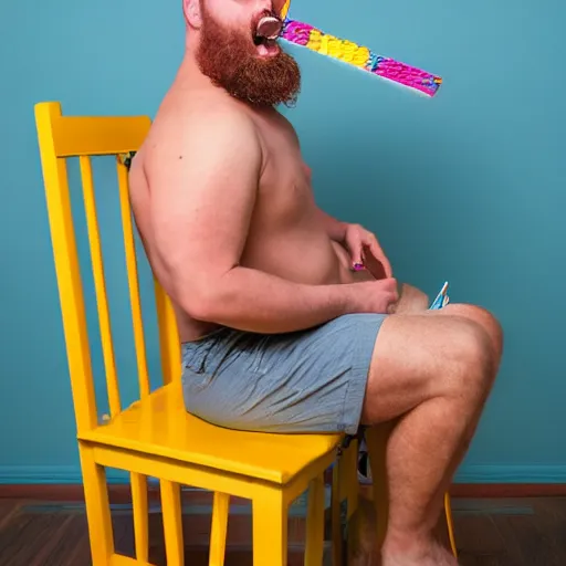 Prompt: six foot tall burly man named craig, eating crayons crayons stuffed into his mouth, chewing, eating, binging, sitting on a wooden chair, at evening, 4 k photograph