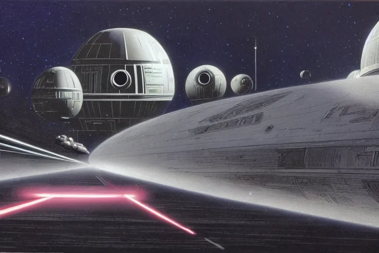 Image similar to ralph mcquarrie concept art, scene : ext death star the giant laser dish on the completed half of the death star begins to glow ; then a powerful beams shoots out toward the aerial battle.