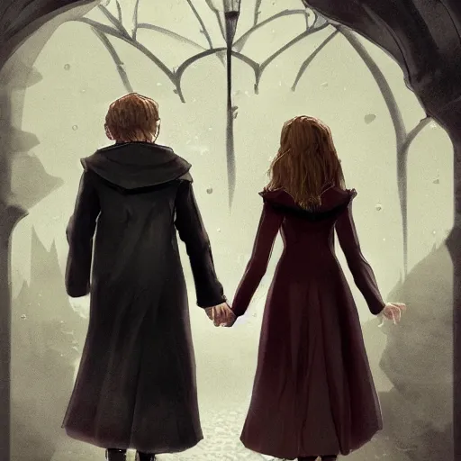 Prompt: harry potter and hermione hand in hand walking in hogwarts yard, elves around, lovely, lightly dark theme, harry potter theme, trending on artstation