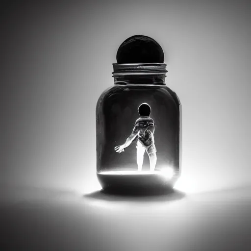 Image similar to tiny man trapped in a jar, light by shaft of coruscating sunlight, Award Winning Masterpiece On 85mm by Simon Bruntnell