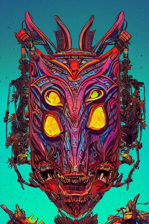 Image similar to totem animal tribal chaman vodoo mask feather gemstone plant wood rock video game illustration vivid color borderlands by josan gonzales and dan mumford radiating a glowing aura