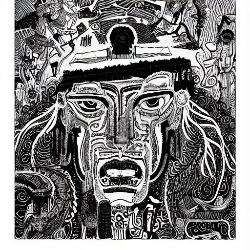 Prompt: b & w illustration of mayan jaguar warrior, resolved, showing conviction or humor by a gloomy silence or reserve, by studio multi and victo ngai, malika favre, william s burroughs, cut up film