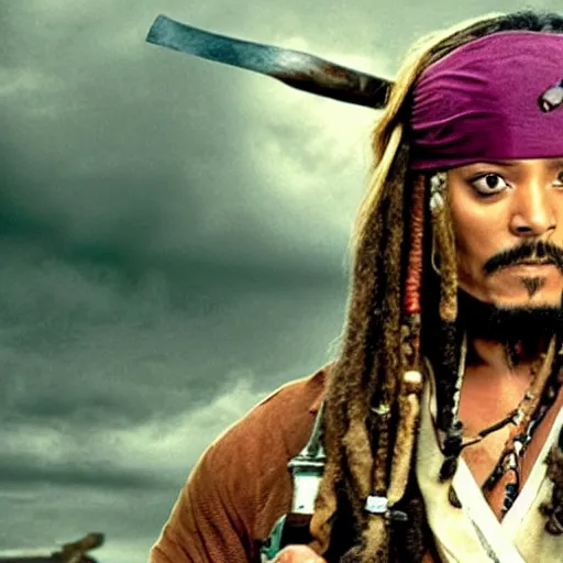 Prompt: Will Smith as captain jack sparrow, movie still from pirates of the carribean