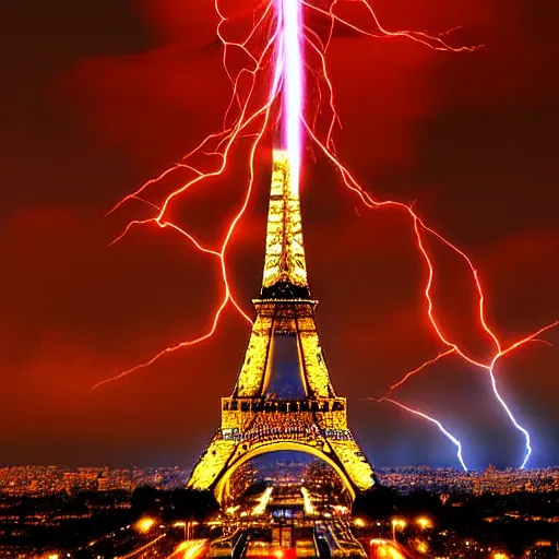 Prompt: Eiffel tower in Paris as giant charged tesla coil with blue white red lightning bolts all over the sky filled with dark clouds, epic city landscape digital art