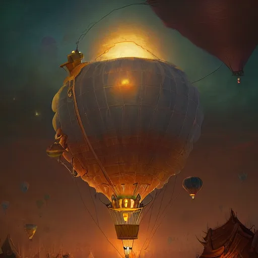 Image similar to a beautiful stunning fantasy whimsical matte digital illustration of a hot - air balloon race at night by marc simonetti and anato finnstark, disney steampunk, chiaroscuro magical bokeh moon stars, trending on artstation hq, masterpiece