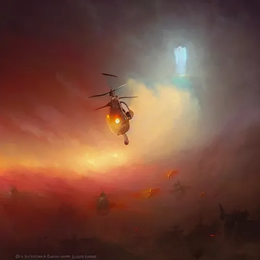 Image similar to a spy doing his mission flying in a helicopter while explosion in the background particles dusty explosion fog made by ivan aivazovsky, peter mohrbacher, greg rutkowski volumetric light effect broad light oil painting painting fantasy art style sci - fi art style realism premium prints available artwork unreal engine