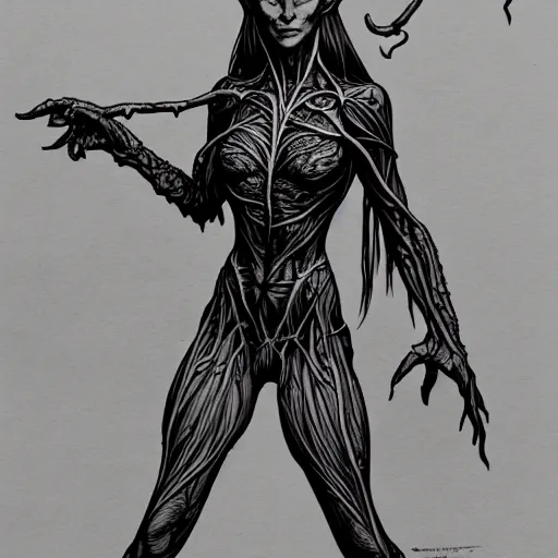 Prompt: full body of an elven witch,intricate, veins, by Hugo pratt, ultradetailed, trending on artstation,