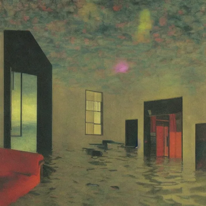 Prompt: interior of a flooded old house full of furniture. aurora borealis. iridescent, psychedelic colors. painting by hammershoi, balthus, mark rothko, yves tanguy, utamaro, monet