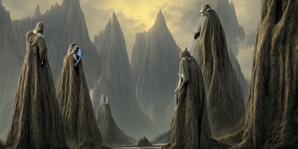 Image similar to Argonath statues at the River Anduin, evening, detailed matte painting, low angle view, cinematic, Alan Lee, Artstation