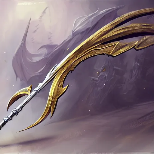 Image similar to concept art of silver gold scythe weapon, scythe design, fantasy scythe, fantasy, behance, pinterest, deviantart, artstation, weapons concept art, design, rpg, weapon, detailed, digital art, incredible, digital painting