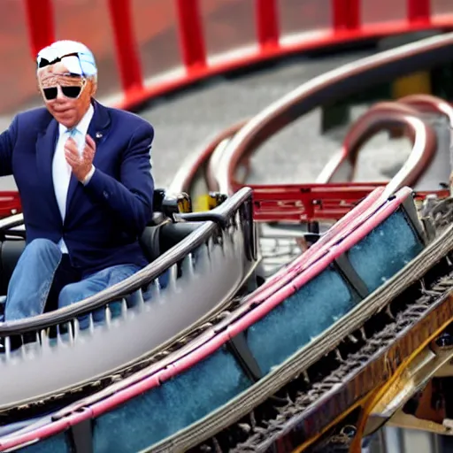 Prompt: joe biden on a rollercoaster going off rails