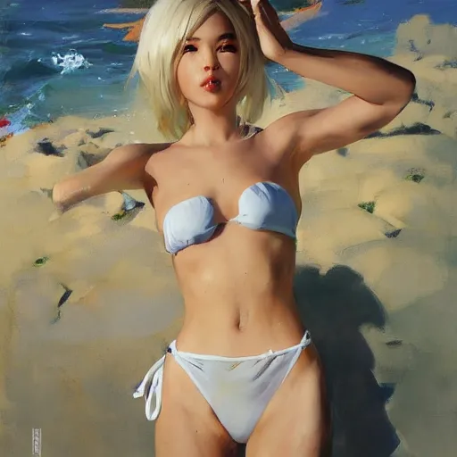 Image similar to greg manchess portrait painting of yorha type b no. 2 in a bikini, white long hair, organic painting, sunny day, matte painting, bold shapes, hard edges, street art, trending on artstation, by huang guangjian and gil elvgren and sachin teng