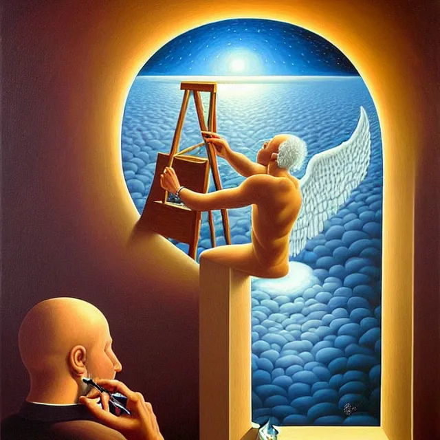 Image similar to an oil on canvas portrait of a man painting a portrait of a beautiful angel, surrealism, surrealist, cosmic horror, rob gonsalves, high detail