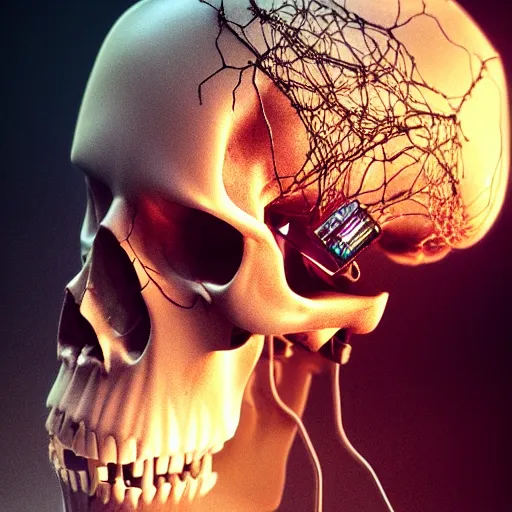 Image similar to a human skull, revealing wires and electronics, arteries, veins, sci - fi, missing panels, intricate abstract intricate artwork, concept art, octane render, deviantart, cinematic, key art, hyperrealism, iridescent accents, portrait photograph, nikon 3 5 mm, photograph by greg rutkowski