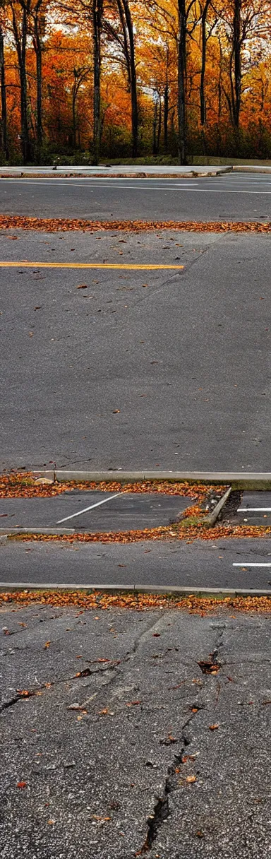 Prompt: “panorama of an abandoned gas station parking lot autumn forest realistic detailed low angle cinematic camera detail cracked pavement wide angle”