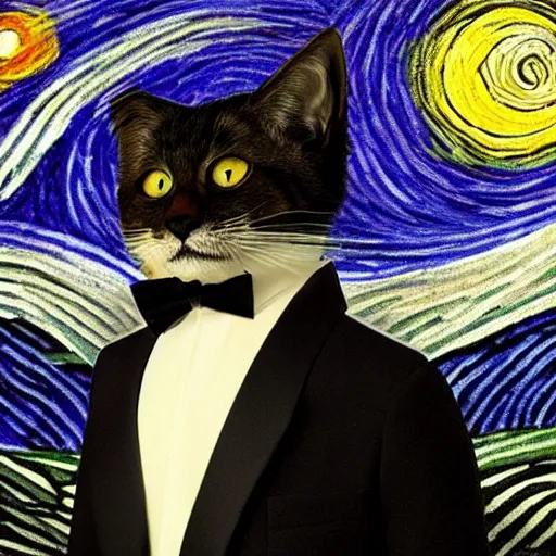 Image similar to d & d style full body portrait, tabaxi male in a tuxedo, in the style of starry night.