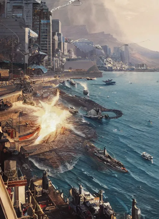 Image similar to hyper realistic robot attacking cape town city harbor beautiful details, strong composition, poster painted by greg rutkowski, james gurney and greg rutkowski weta studio, and lucasfilm and best of artstation