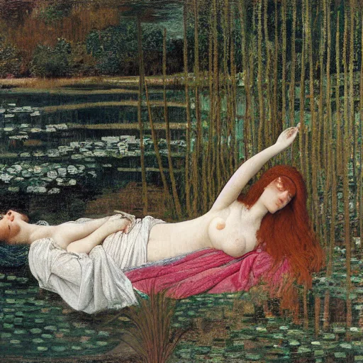 Prompt: ophelia, laying flat submerged in water, close up portrait, under the river amongst the reeds, fully covered in robes and lake foliage, weeds reeds, fully clothed in flowing medieval robes, by botticelli devinci rosetti and monet, 8 k