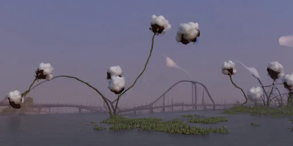 Prompt: explosion in the form of cotton plant on the crimean bridge, team fortress style, 3 d octane remder, epic lighting, 8 k, by goro fujita