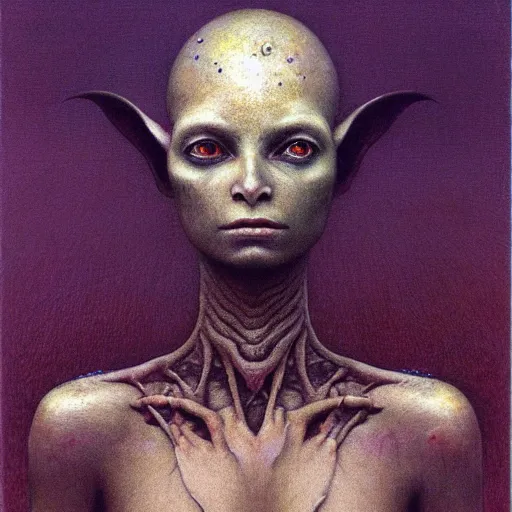 Image similar to portrait of ethereal goblin princess in golden armour by Beksinski