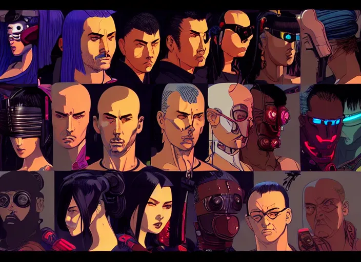 Image similar to cyberpunk samurai team. portrait by stonehouse and mœbius and will eisner and gil elvgren and pixar. character design. realistic proportions. cyberpunk 2 0 7 7 character art, blade runner 2 0 4 9 concept art. cel shading. attractive face. thick lines. the team. diverse characters. artstationhq.