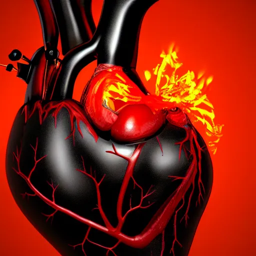 Prompt: dark art rendering of an anatomical heart with a flame inside, closeup, detailed, realistic, cinematic lighting, unreal engine, cgsociety, detailed, by HR Geiger