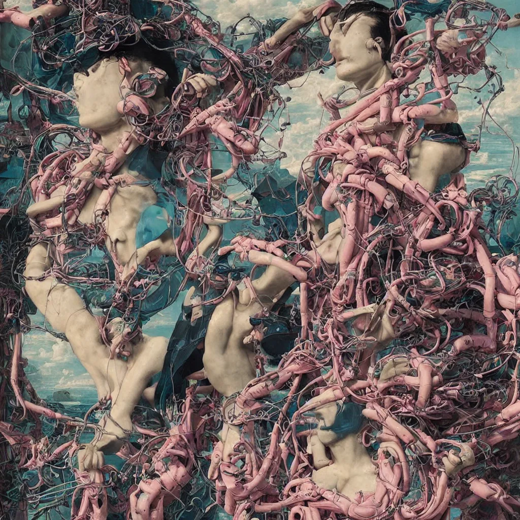 Image similar to Tristan Eaton & Greg Rutkowski, award winning masterpiece with incredible details, Zhang Kechun, a surreal vaporwave vaporwave vaporwave vaporwave vaporwave painting by Thomas Cole of an old pink mannequin head with cables and wires coming out of it's neck, sinking underwater, highly detailed