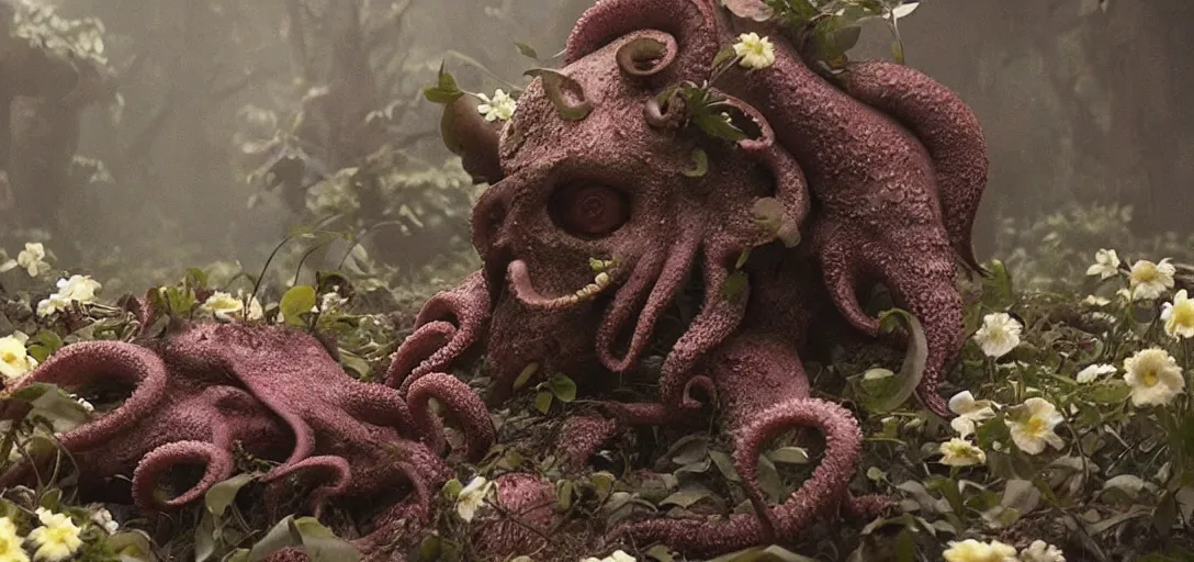 Prompt: an octopus in the shape of a skull | surrounded by flowers! | at midnight, fog!, foggy!, cinematic shot, photo still from movie by denis villeneuve, wayne barlowe