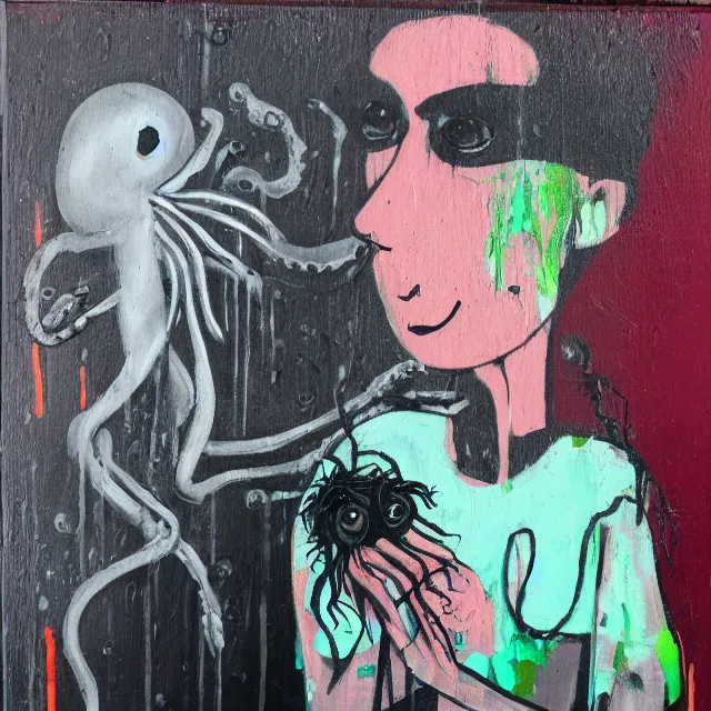 Prompt: a portrait in a dark apartment, rats, a widow holding an octopus, streetlamps, wet, puddles, wild berries, metaphysical, neo - expressionism, surrealism, acrylic and spray paint and oilstick on canvas