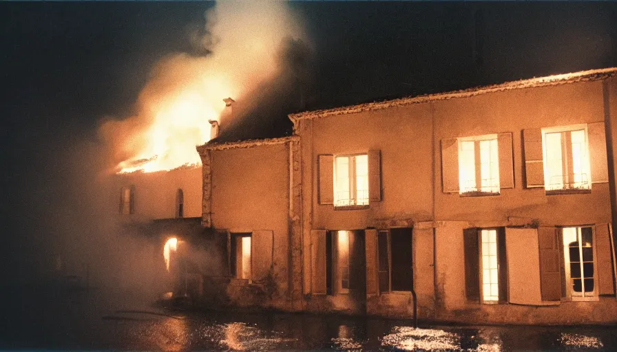 Prompt: 1 9 7 0 s movie still of a heavy burning french style townhouse in a small french village by night, rain, heavy smoke, cinestill 8 0 0 t 3 5 mm, heavy grain, high quality, high detail, dramatic light, anamorphic, flares