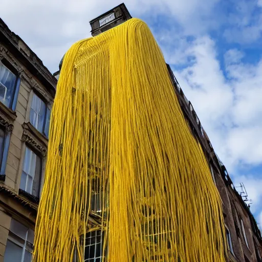 Image similar to mc escher building in london covered in spaghetti