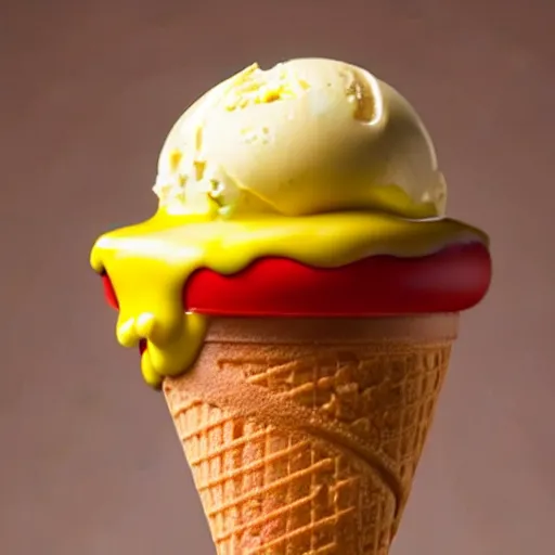 Image similar to promotional photo of an ice cream with hot dog taste, mustard, ketchup, relish,