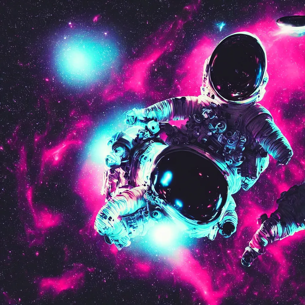 Prompt: astronaut sucked into blackhole synthwave, glitchy, reflective, holographic, neon