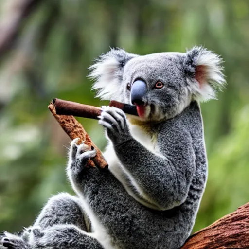 Prompt: photo of koala with lit cigar in mouth, smoking