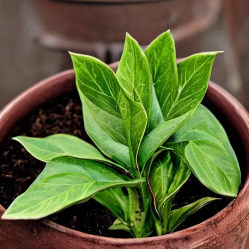 Image similar to mandrake leaves on a head in the porcelain pot, digital drawing, Harry Potter, roots, herbology, on the table in greenhouse, in the ray of sunshine, digital art, sharp focus, high detailed, calm, warm lighting, sparkles, by Rutkowsky,