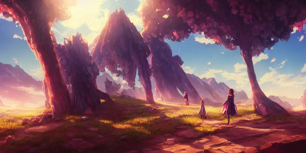 Image similar to isekai masterpiece by mandy jurgens, by irina french, by rachel walpole, by alyn spiller anime woman standing tree log looking up at giant crystals, high noon, cinematic, very warm colors, intense shadows, ominous clouds, anime illustration, anime screenshot composite background