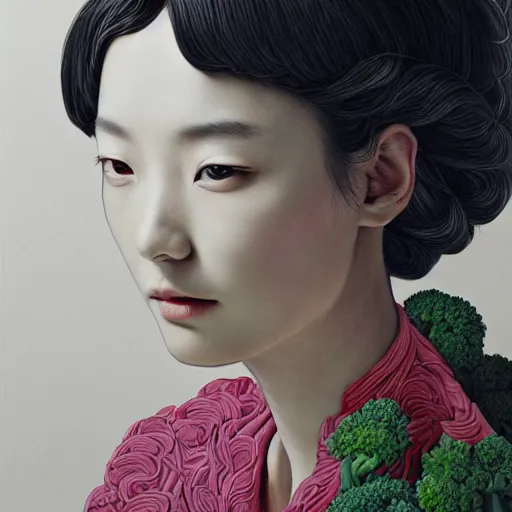 Image similar to the portrait of an unbelievably beautiful, elegant, and sophicated young yoo seung ok partially made of broccoli, an ultrafine detailed illustration by james jean, intricate linework, bright colors, final fantasy, behance contest winner, vanitas, angular, altermodern, unreal engine 5 highly rendered, global illumination, radiant light, detailed and intricate environment