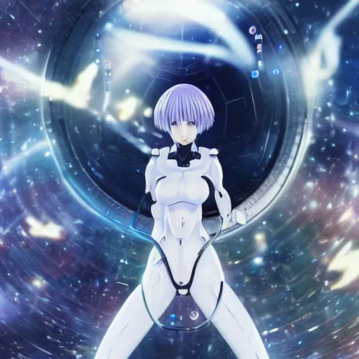 Image similar to This is a digital art piece by Yoshiyuki Sadamoto that is trending on artstation. It is a 8K UHD image of Rei Ayanami, a female anime character, inside a space station with technological rings. She is shot from the ground by Yoshiyuki Sadamoto. The environment is a concept design and the art is hyper realistic with intricate details.