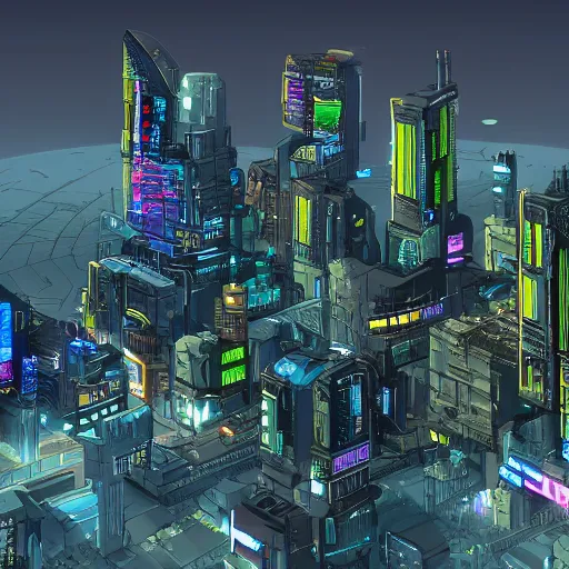 Prompt: large cyberpunk city, side view