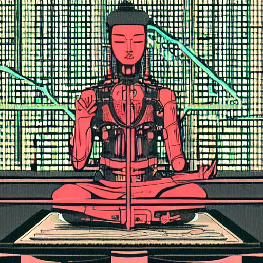 Image similar to a cyberpunk meditator by sakiyama, illustration, masterpiece