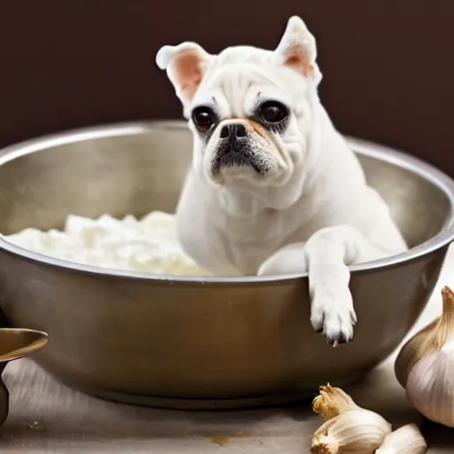 Image similar to a dog in the form of garlic drinks mayonnaise from a metal bowl