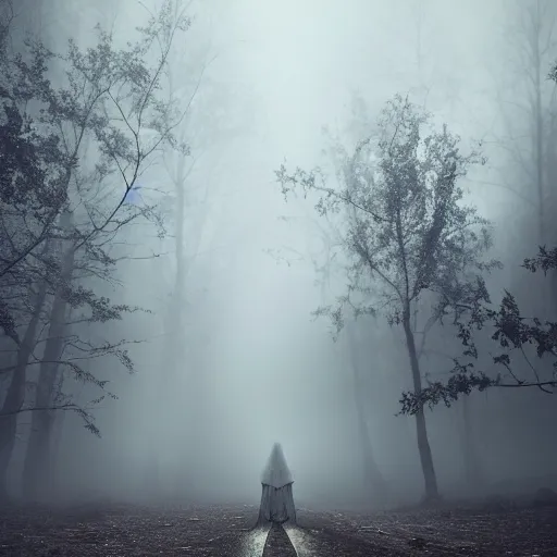 Prompt: spectres in the enchanted forest covered by foggy clouds of mist haul at the lone traveller of the roads, twilight, dreamy sequence, macabre spectacle, skeletal figures, curious, solitude, uneasy, octane, unreal 5, cinematic, 8 k uhd, intricate detail, hyperrealist, sharp, photoshop, polished, edited