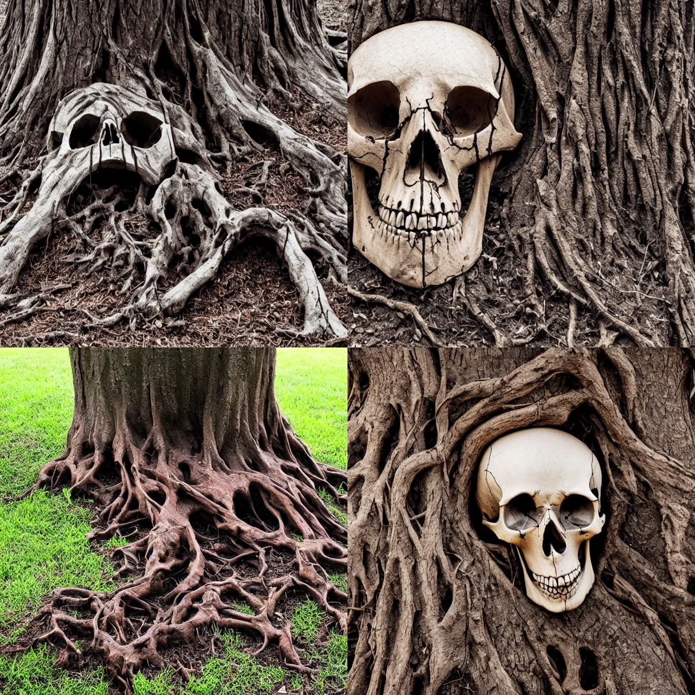 Prompt: A skull made from twisted, and rotted tree roots