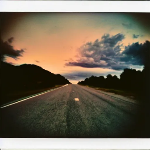 Image similar to instant photograph of the sky, polaroid, raw, beautiful, nostalgic, light leak, sunset, clouds, highway