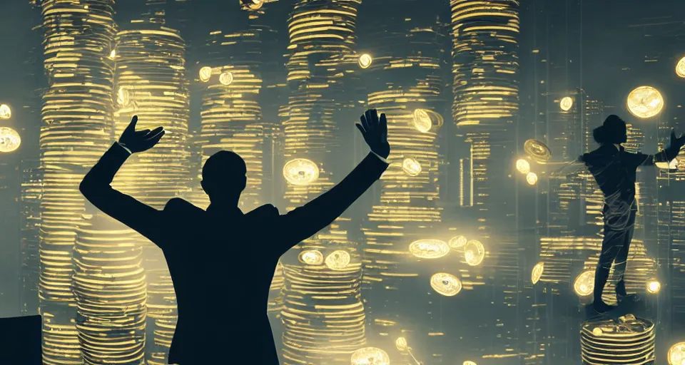 Image similar to Dramatic photo of a CEO waving goodbye in front of a group of silhouettes of his coworkers in a futuristic office. Golden coins are levitating all around them. 8k, high detail, trending on Artstation, volumetric lighting, cyberpunk