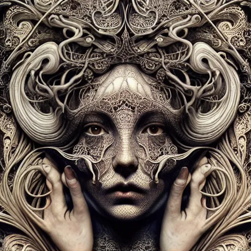 Image similar to detailed realistic porcelain beautiful intricate calaveras goddess face portrait by jean delville, gustave dore, iris van herpen and marco mazzoni, art forms of nature by ernst haeckel, art nouveau, symbolist, visionary, gothic, neo - gothic, pre - raphaelite, fractal lace, intricate alien botanical biodiversity, surreality, hyperdetailed ultrasharp octane render